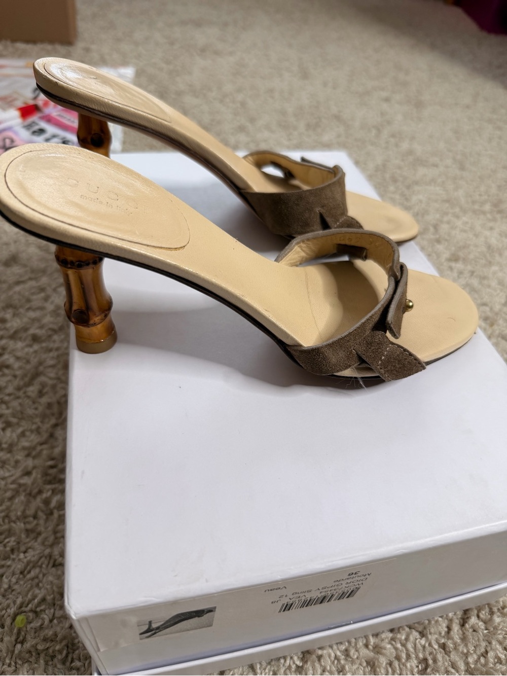 Women's Taupe Suede Slide Sandals with Bamboo Heel Gucci x Tomford